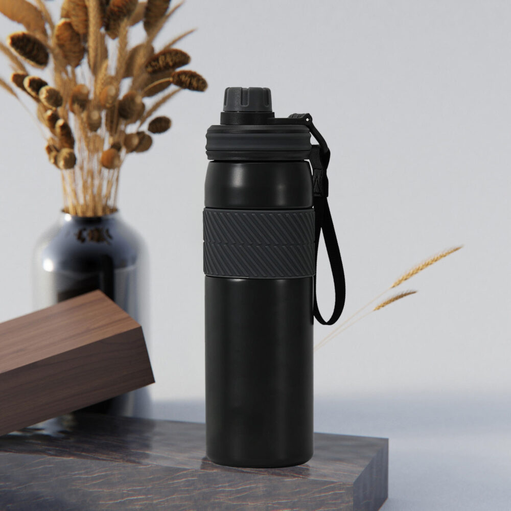 Black Coffee Thermos – Textured Grip, Strap Lid
