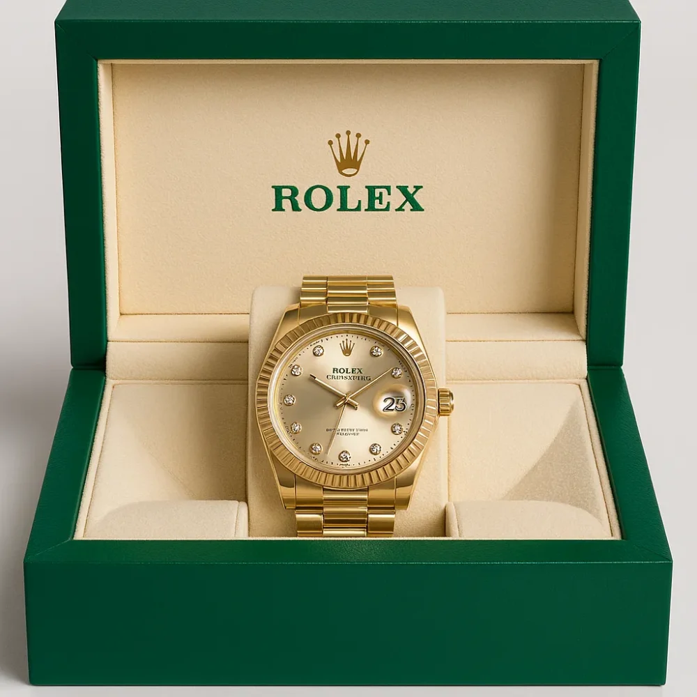 Rolex-Inspired Gold Watch – Diamond Dial | Boxed Elegance